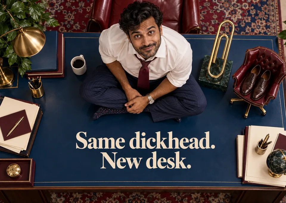 A rude, affectionate card for a mate or partner starting a new job, full of cheeky British banter and a cheerful nod to their new desk.