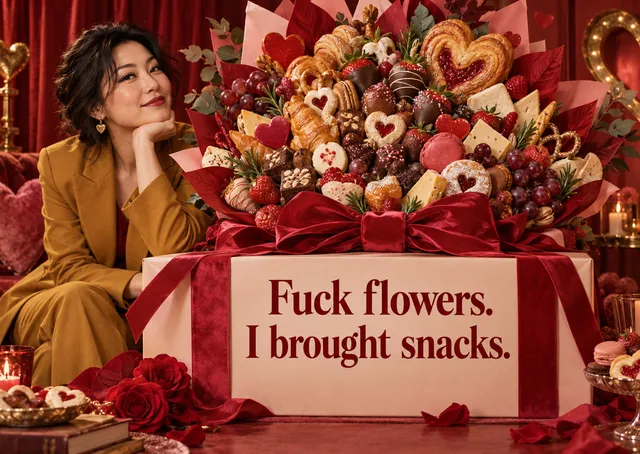 A cheeky Valentine's card for a partner who likes a crude joke and a big laugh. An outrageous bouquet of pastries and fruit makes the point with deadpan charm.