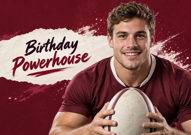 A bold birthday card for a friend or family member who loves rugby or a good game, with a big front-facing player and a cheerful, celebratory feel.