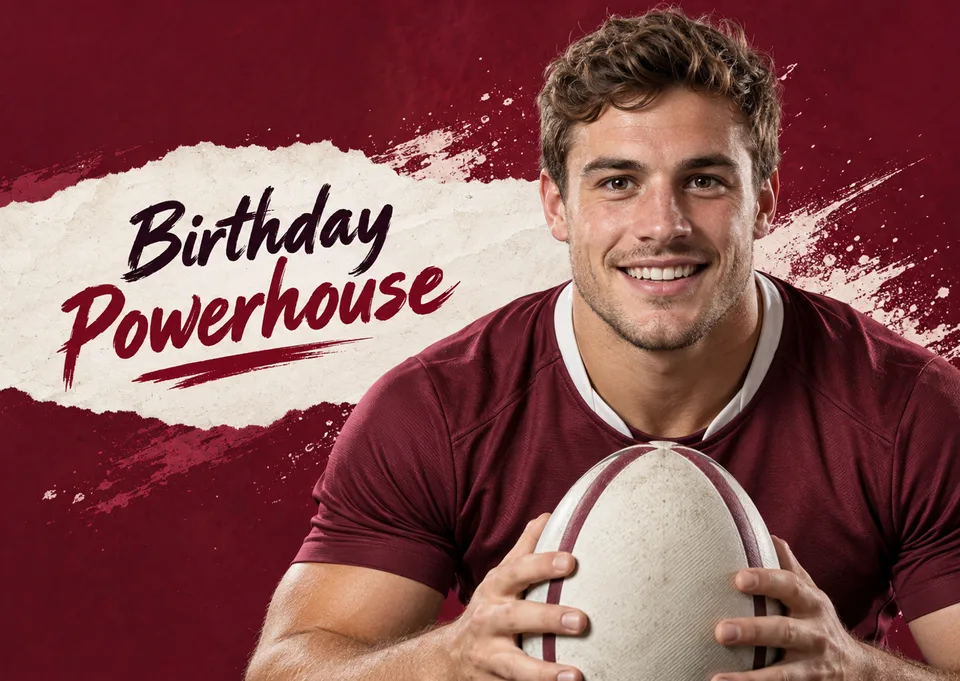 Eine ausdrucksstarke Geburtstagskarte für einen Freund oder ein Familienmitglied, das Rugby und spannende Spiele liebt. Ein großer Spieler von vorn und eine fröhliche Gestaltung sorgen für Feierlaune.