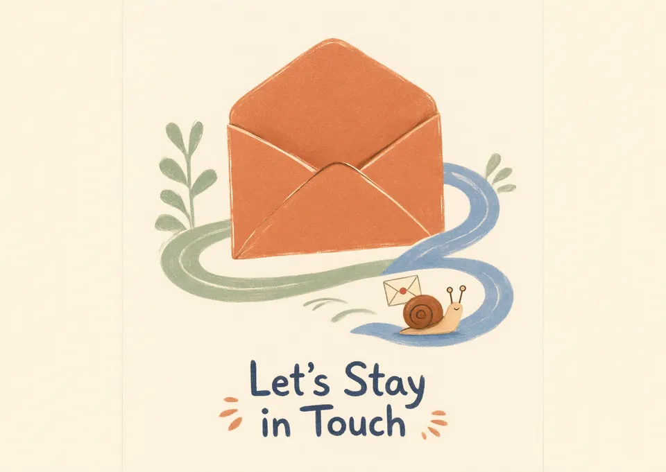 An upbeat keeping-in-touch card for a friend moving away, with a little snail carrying the mail along a winding river.