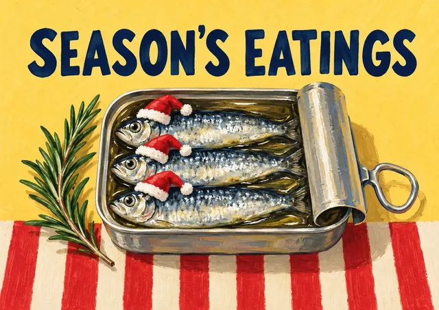 A playful card for the Christmas season: Season's Eatings.