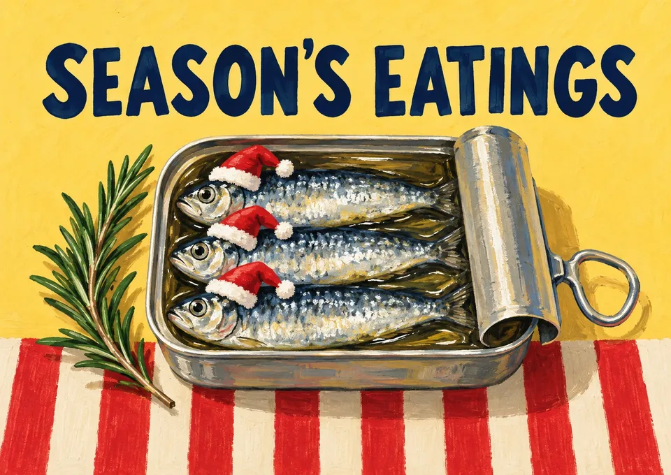 Ett lekfullt kort för juletiden: Season's Eatings.