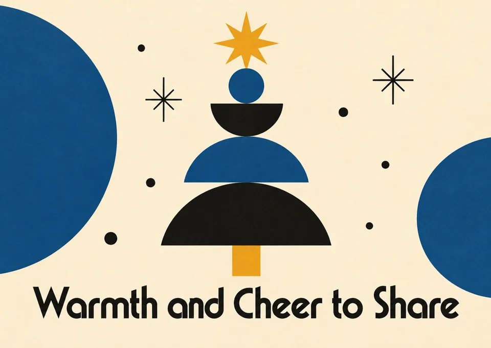 An invitation to a holiday gathering, with a graphic Christmas tree and a warm invite to share the season together.