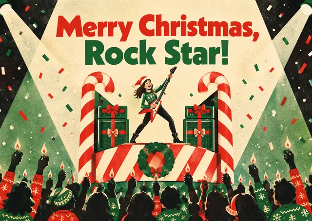 A cheeky Christmas card for a sister or brother who deserves the spotlight. Send them a festive tribute to their inner rock star.