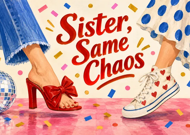 Una tarjeta de cumpleaños divertida y cariñosa para una hermana que es tu cómplice, con zapatos de baile y confeti.