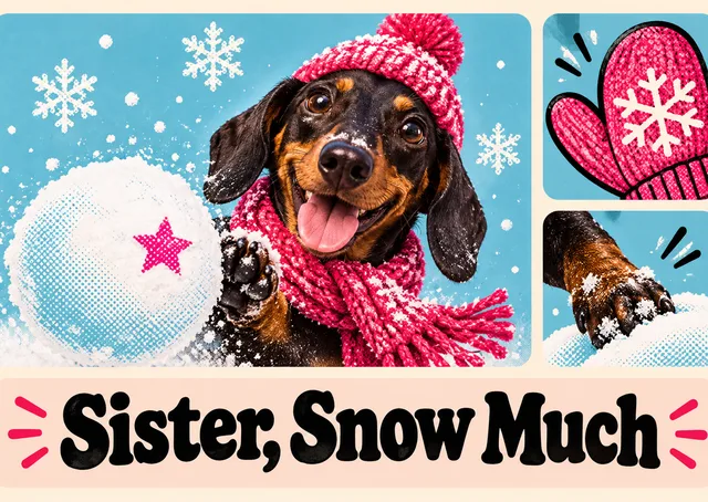 A funny winter holiday card for a sister, with a bundled-up dachshund lobbing a snowball and a pun she'll roll her eyes at.