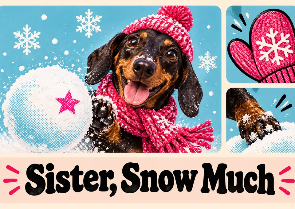 A funny winter holiday card for a sister, with a bundled-up dachshund lobbing a snowball and a pun she'll roll her eyes at.