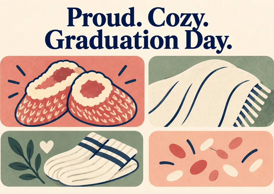 A cozy graduation invitation for the whole family, with knitted slippers and a soft blanket for a relaxed celebration at home.