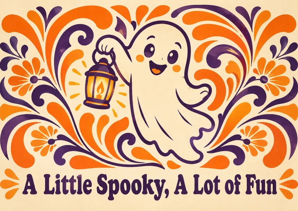 Una tarjeta de Halloween amistosa y nada aterradora para niños o para cualquiera que ame una temporada de sustos juguetona, con un alegre fantasmita en el centro.