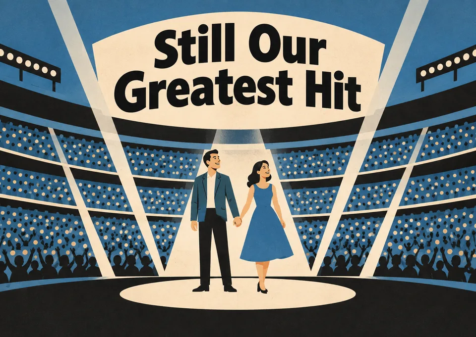 A tender anniversary party invitation for a partner, built around a stadium-concert moment.