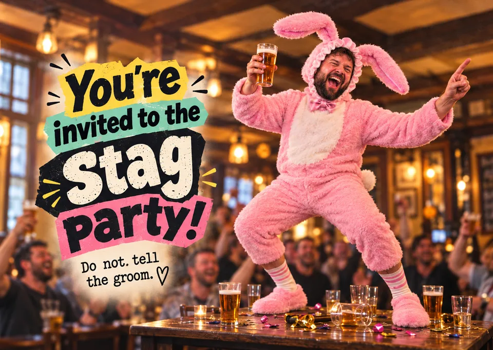 A funny invitation for a stag party, perfect for a groom's friends or the wedding crew. It shows a fully clothed pink bunny dancing on a pub table, with a cheeky warning to keep it secret.