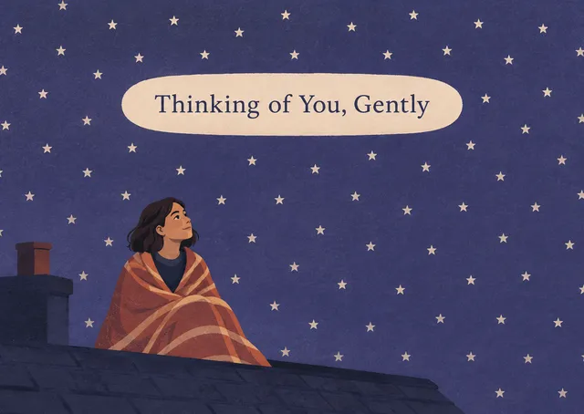 A gentle sympathy card for anyone grieving, showing a quiet figure under a starry sky, warm and comforting.