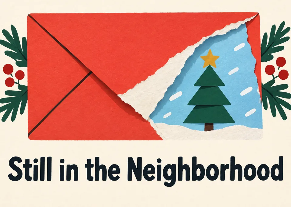 A warm Christmas hello for an old friend you've lost touch with, revealed like a torn-open envelope with a tiny tree inside.