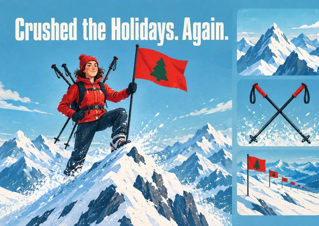 A bold, playful Christmas card for anyone who owns the holidays, showing a swaggering climber planting their flag atop a snowy peak.