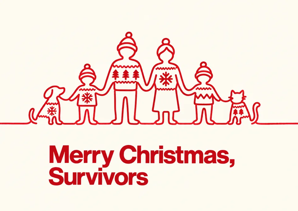 Eine Weihnachtskarte mit trockenem Witz für Freunde und Familie, die das Jahr überstanden haben. Das minimalistische Design zeigt ein Familienporträt aus einer durchgehenden Linie.