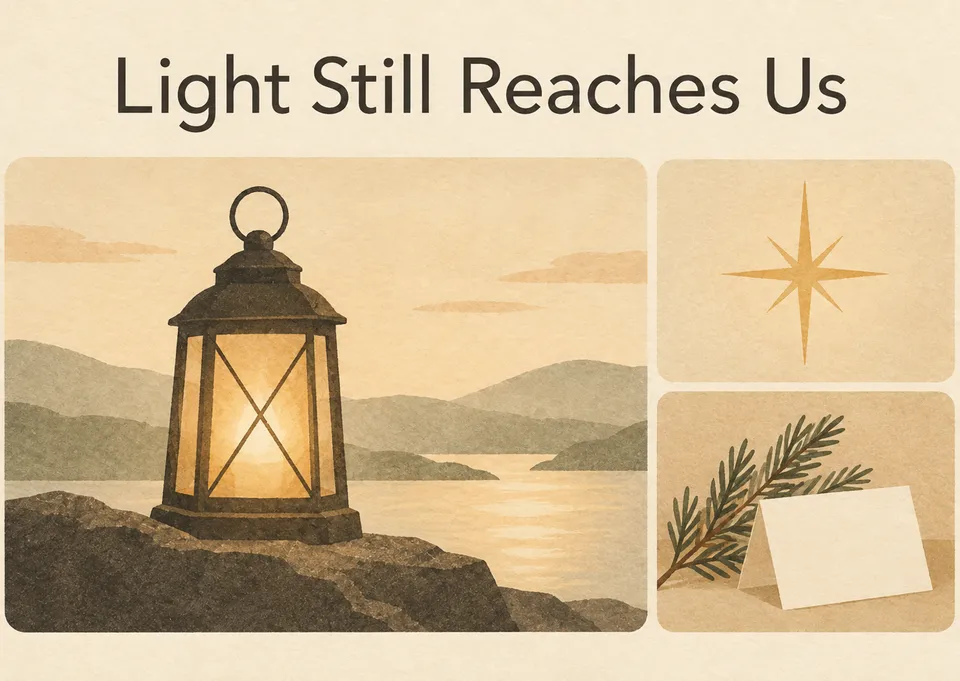A remembrance card for a grieving friend, with a glowing lantern by a quiet lake to say they're still carried with you.