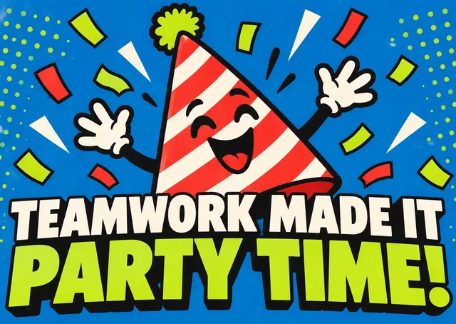 Una tarjeta divertida y animada para un colega o un equipo que ayudó a sacar adelante la fiesta de cumpleaños de un niño, con un gorro de fiesta que anima y confeti.