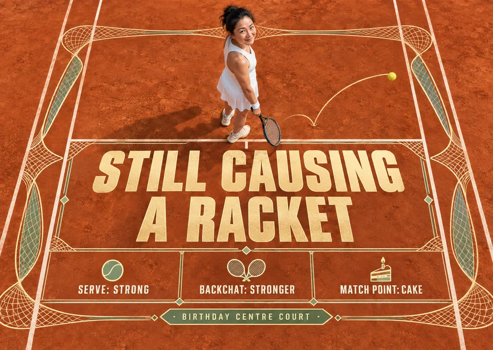 Eine witzige Geburtstagskarte für einen erwachsenen Freund, der immer kontert. Ein Tennis-Champion und ein verspielter Matchball-Witz – für schlagfertige Freunde mit Wettkampfgeist.