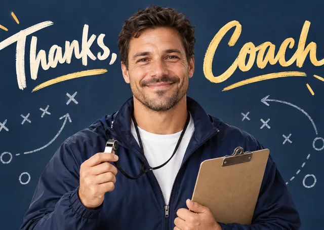 A celebratory thank you card for a sports coach, from a team or a friend or family member. It is upbeat and personal, with a big, warm thanks for all their support.