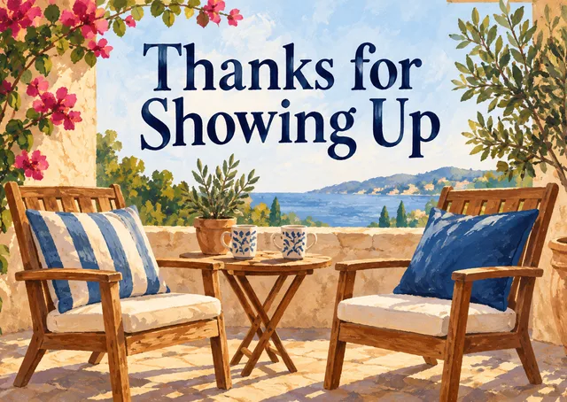 A warm thank-you for a friend who showed up with real emotional support, over coffee on the terrace.