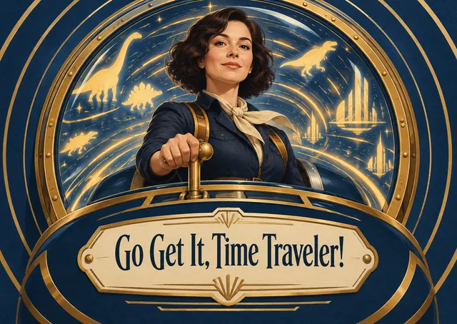 A bold good-luck card for a coworker tackling a big challenge, with a vintage deco time machine sending them off in style.