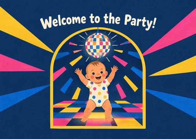 A joyful new baby card for a child welcoming a new sibling or family member. It's warm, heartfelt, and celebrates the new arrival with a dazzling party.