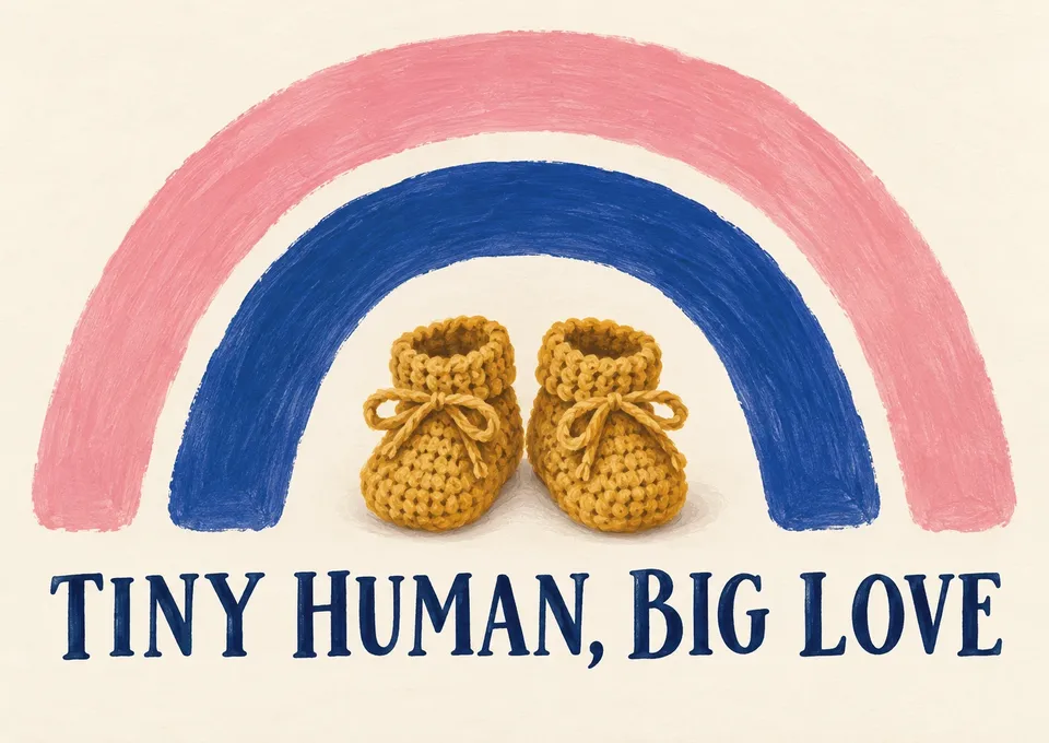 Una tarjeta cálida para un nuevo bebé: “Tiny Human, Big Love”.