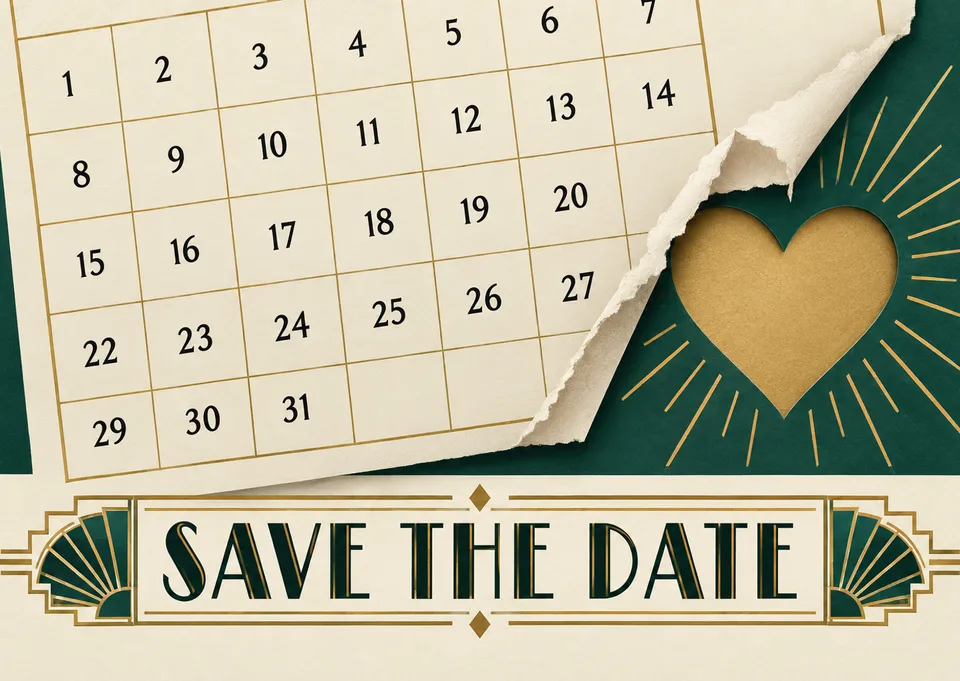 Ett lekfullt save the date till bröllopsgäster, med en fyndig avriven kalendersida som avslöjar en hemlighet i hjärtform.
