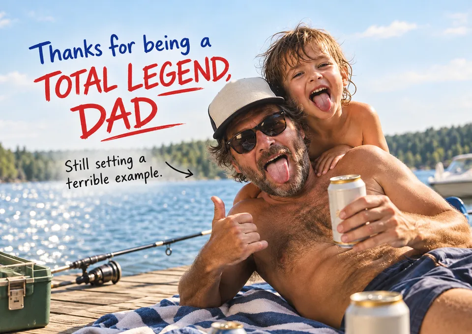 A funny but affectionate Father's Day postcard celebrating Dad and a child's harmless lakeside adventure.