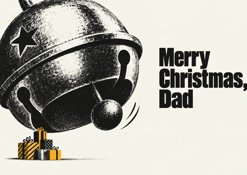 Eine ausdrucksstarke Weihnachtskarte für Papa mit einer riesigen Schelle und einem kleinen Stapel Geschenke. Selbstbewusst, herzlich und mit einem Augenzwinkern.