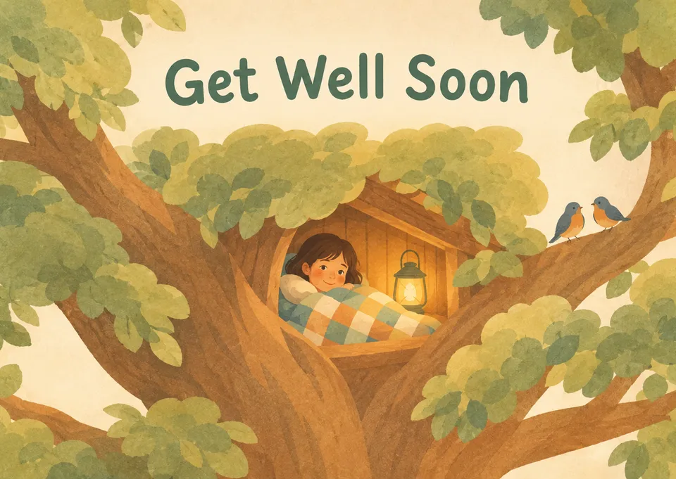 A gentle get-well card for a child, picturing them resting safely in a glowing treehouse nook high among warm, leafy branches.