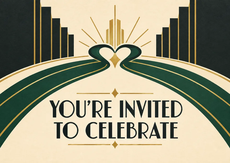 An elegant wedding invitation for a sibling or close friend, with two roads meeting beneath a heart-shaped skyline. Timeless and celebratory.