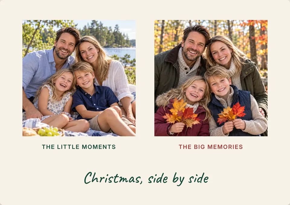 Pair two favourite holiday photos in a simple Christmas postcard.