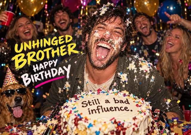 A funny birthday card for an adult brother whose cake party has gone gloriously wrong. Perfect for a brother who is always up for chaos and mess.