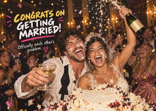 A funny congratulations card for newlyweds who are each other's favourite problem. Best for friends or family who love a playful, chaotic wedding celebration.
