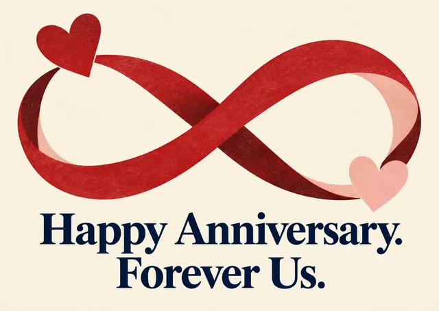 A warm wedding anniversary card for anyone who wants to say “we’re still us.” Clean, heartfelt and simple, with a ribbon-infinity feeling for couples and loved ones.