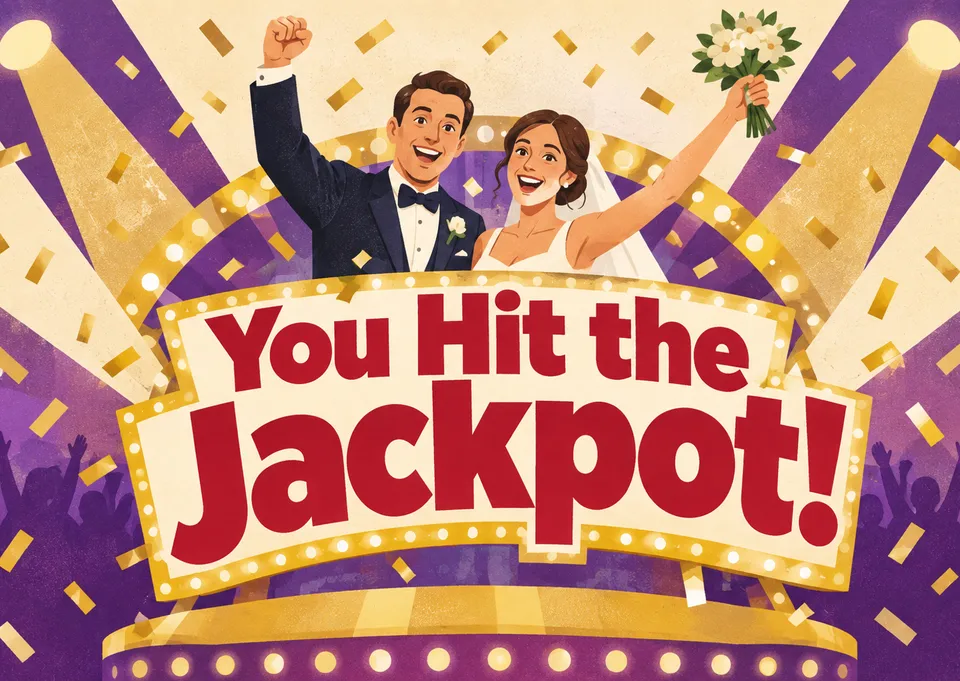 A bold, celebratory wedding card for a coworker. This epic design feels like winning the grand prize, perfect for an over-the-top congratulatory message.