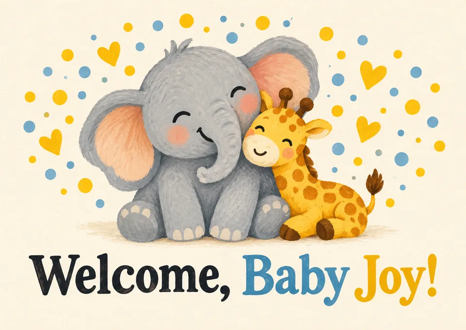 Eine fröhliche, festliche Babypartykarte für alle. Schick große, glückliche Wünsche für das neue Baby mit einer freudigen Willkommensbotschaft.