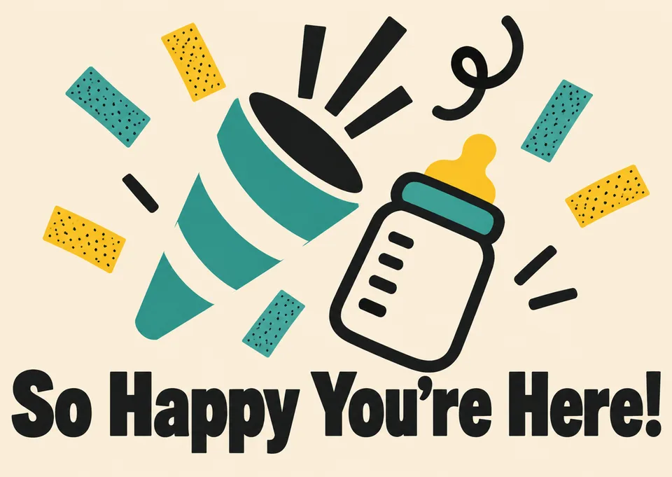 A sweet and silly new baby card for a friend. Send it to celebrate the arrival with playful confetti joy and a friendly bottle icon.