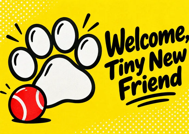 A playful card to welcome a new pet, with a big bold paw print and a bouncy red ball.