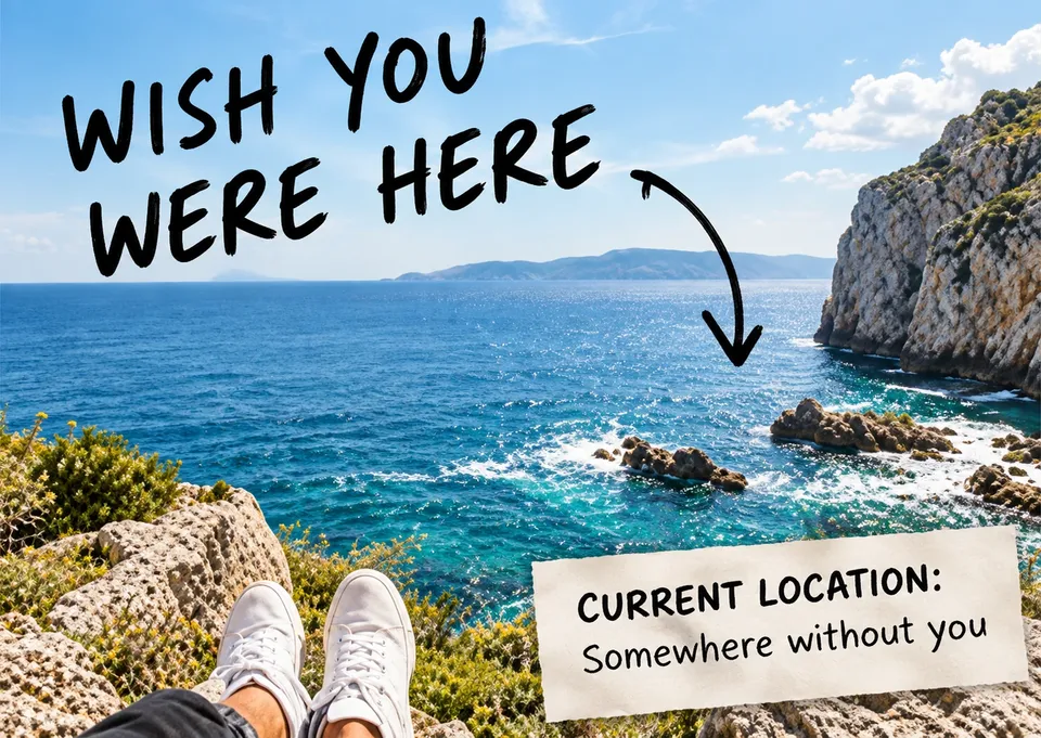 A celebratory card for trips and travel memories: Wish You Were Here.