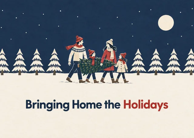 A magical and warm Christmas card for a family to send to friends and loved ones, featuring a charming woodcut scene of a family bringing home their holiday tree.