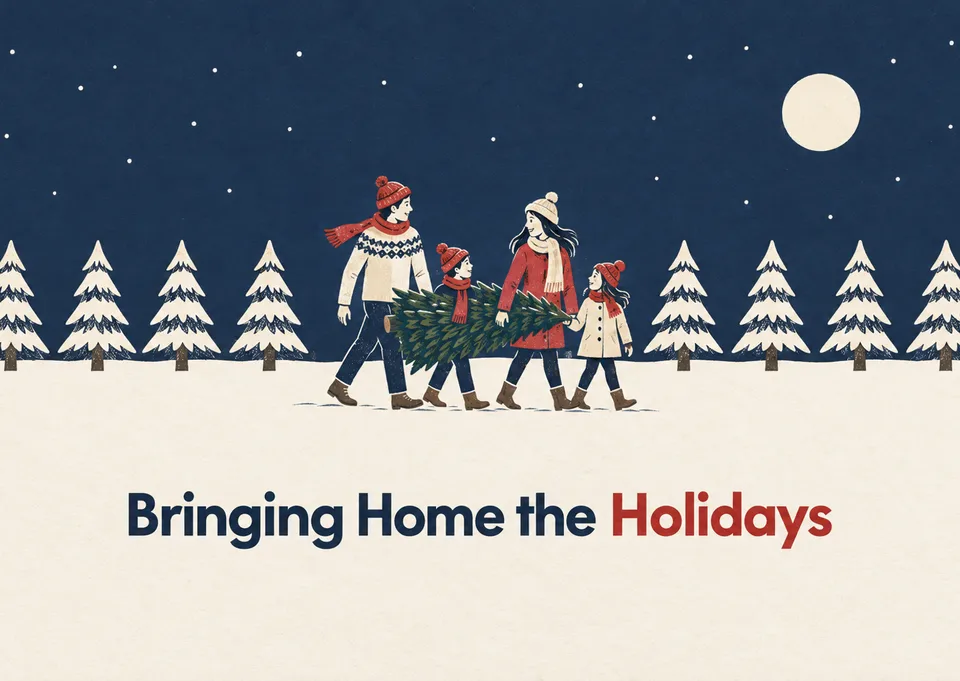 A magical and warm Christmas card for a family to send to friends and loved ones, featuring a charming woodcut scene of a family bringing home their holiday tree.