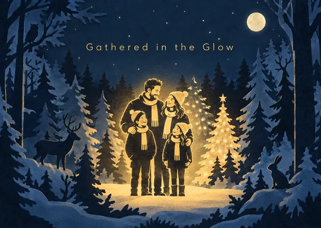 A magical, warm Christmas card for families to send to friends and loved ones, featuring a glowing woodland clearing.