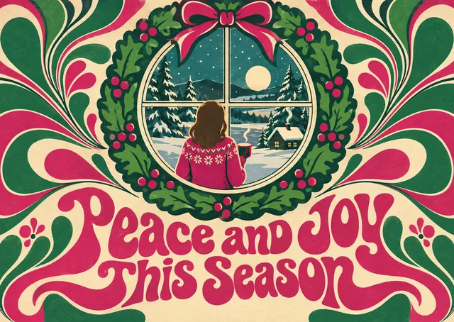 A sophisticated and festive card for friends and family, featuring a circular wreath that doubles as a welcoming window to the winter season.