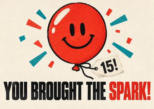 A bright thank-you for a partner who helped make the birthday party happen, with a smiling red balloon and confetti bursting with joy.
