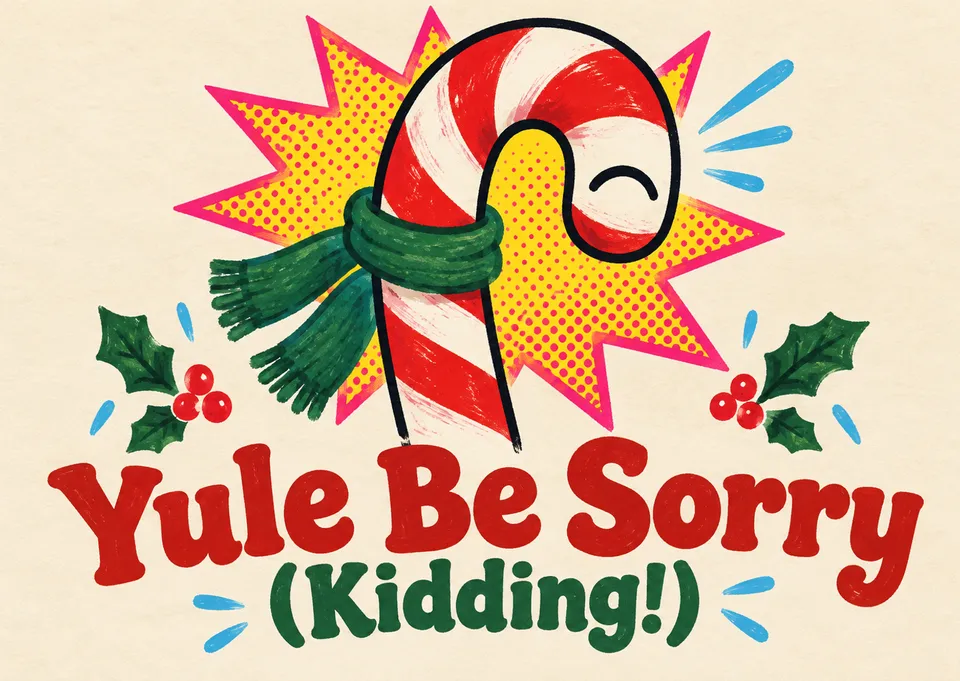 A laugh-out-loud Christmas card for a kid or teen, starring a grinning candy cane and a groan-worthy holiday pun.