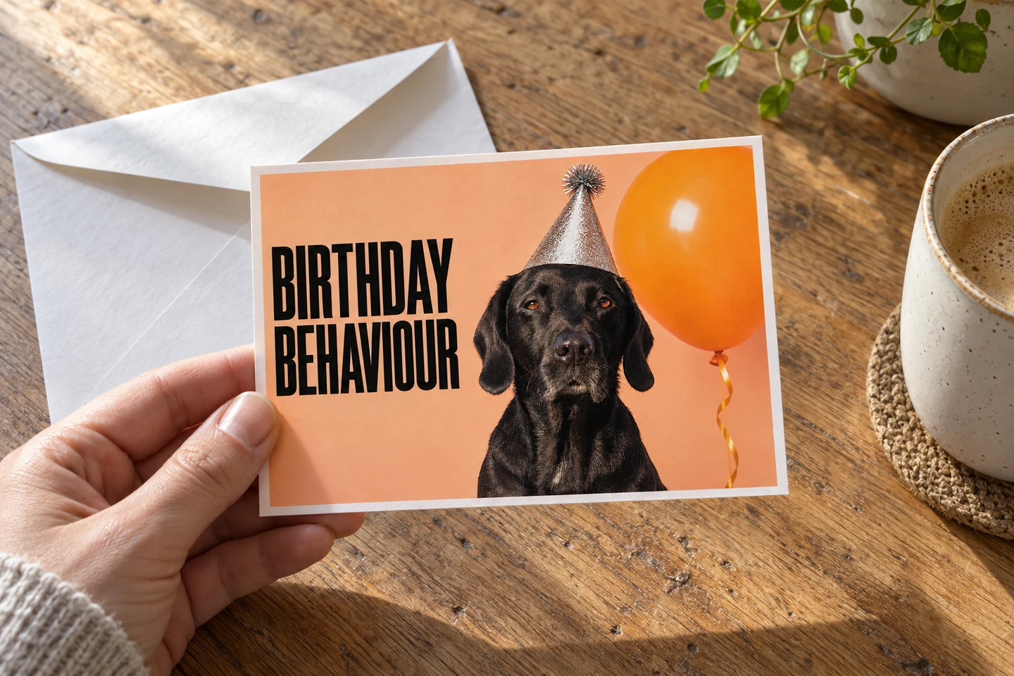 A printed pet birthday card displayed on a table