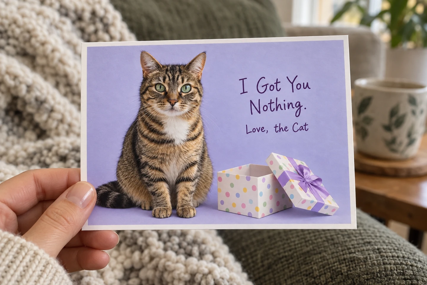A hand holding a printed card featuring a cat